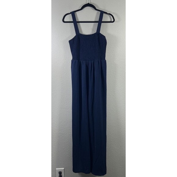 Wide Leg Jumpsuit Overall Strap Solid Blue Pant Jumper Size Large - Picture 2 of 14